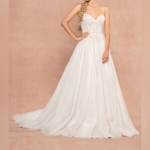 Hayley Paige Occasions White Beaded Spaghetti Strap Wedding Gown